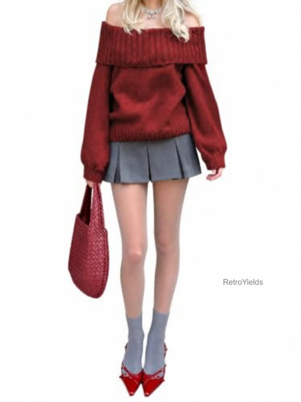SISKIN Off the Shoulder Sweater Bishop Sleeves Rib Knit Loose Fit